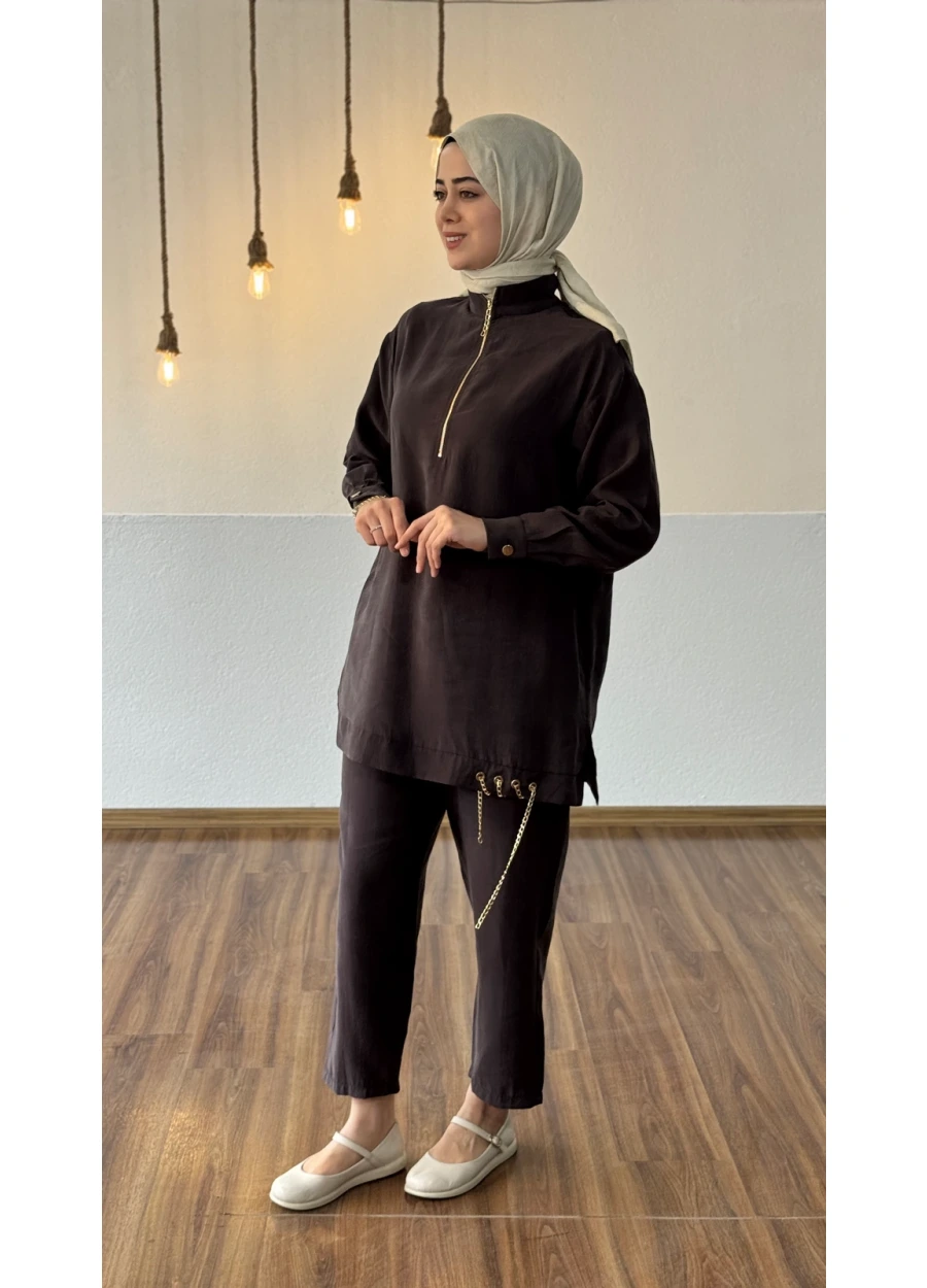 Marcha Patı Fermuarlı Eteği Zincirli Pantolon Takım Kahverengi