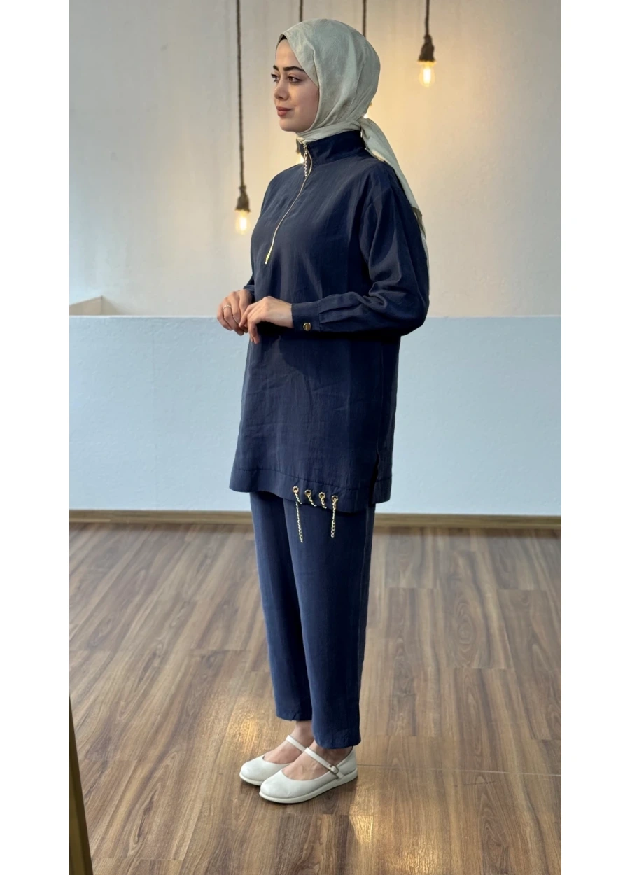 Marcha Patı Fermuarlı Eteği Zincirli Pantolon Takım Lacivert