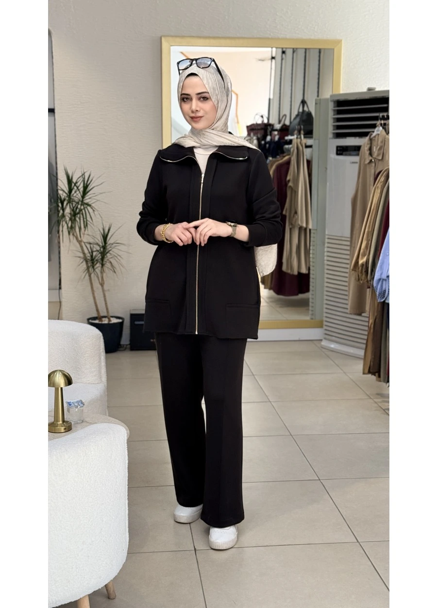 Esswaap Fermuar Kapamalı Pantolonlu Casual Takım Siyah