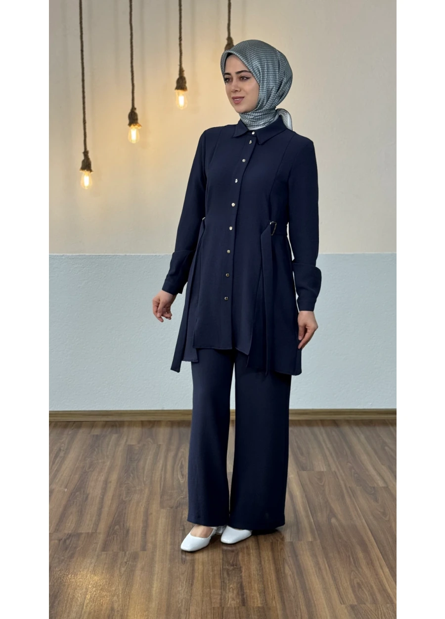 Armine Trend Kemer Detay Bol Paça Pantolonlu Takım Lacivert