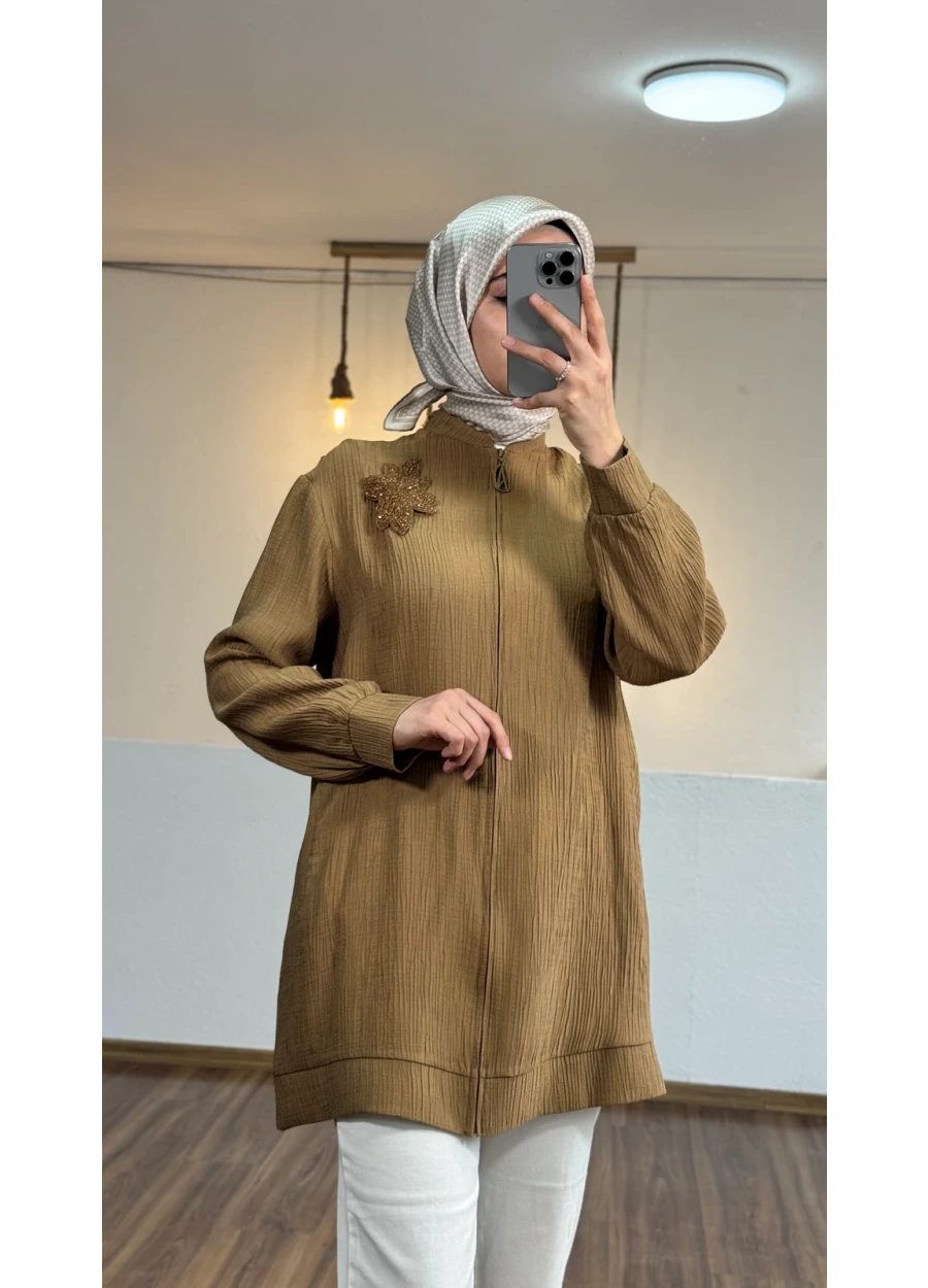 Armine Trend Yaka Boncuk İşlemeli Bomber Kap Yağ Yeşili