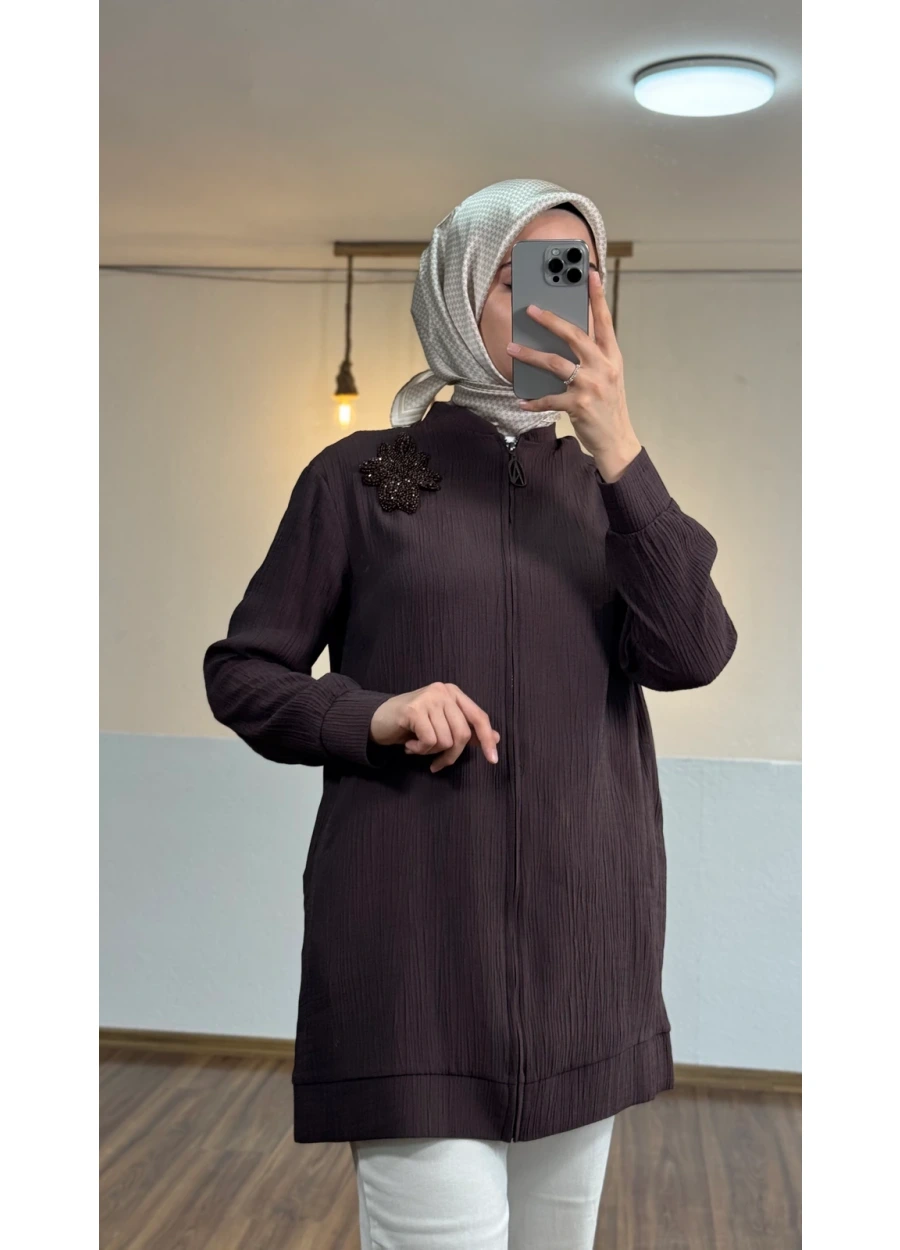 Armine Trend Yaka Boncuk İşlemeli Bomber Kap Kahverengi