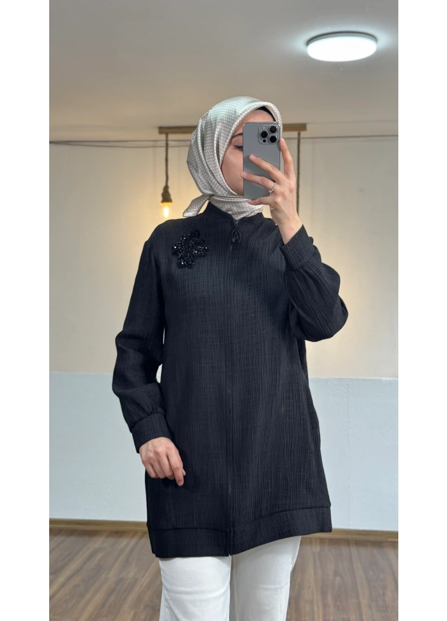 Armine Trend Yaka Boncuk İşlemeli Bomber Kap Siyah