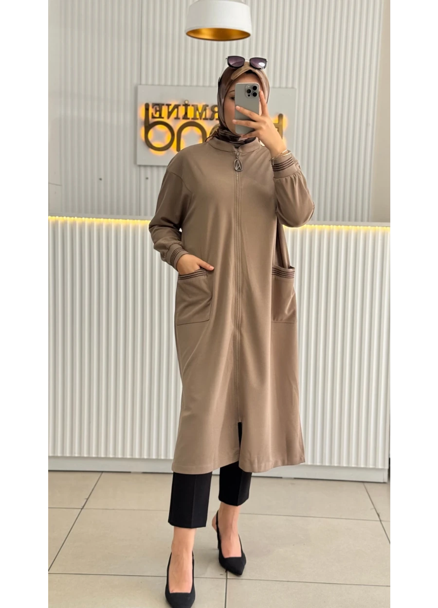 Armine Trend Cep ve Kol Sim İşlemeli Tam Boy Ceket Vizon