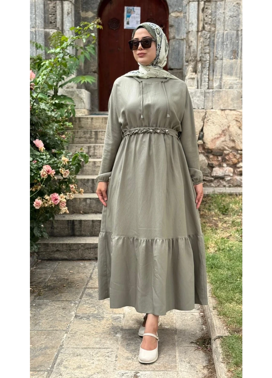 Fırfır Kemerli Elbise Haki
