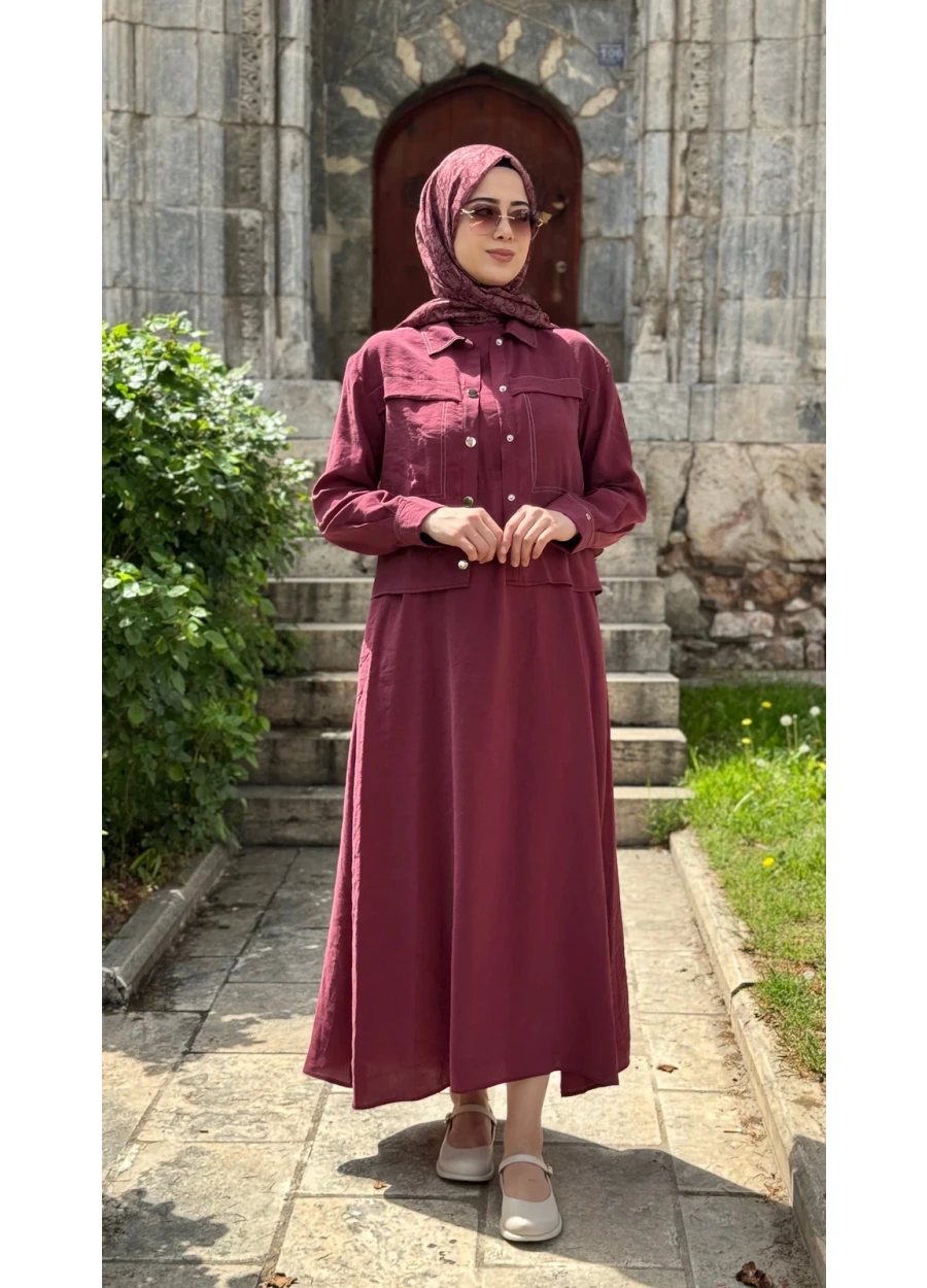 Gömlek Yaka Elbiseli İkili Takım Bordo