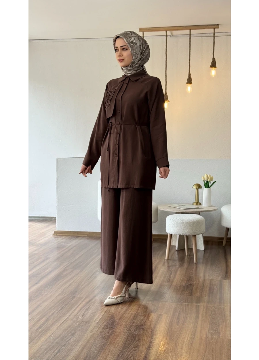 Armine Trend Gülü Taş İşlemeli Pantolonlu Takım Kahverengi