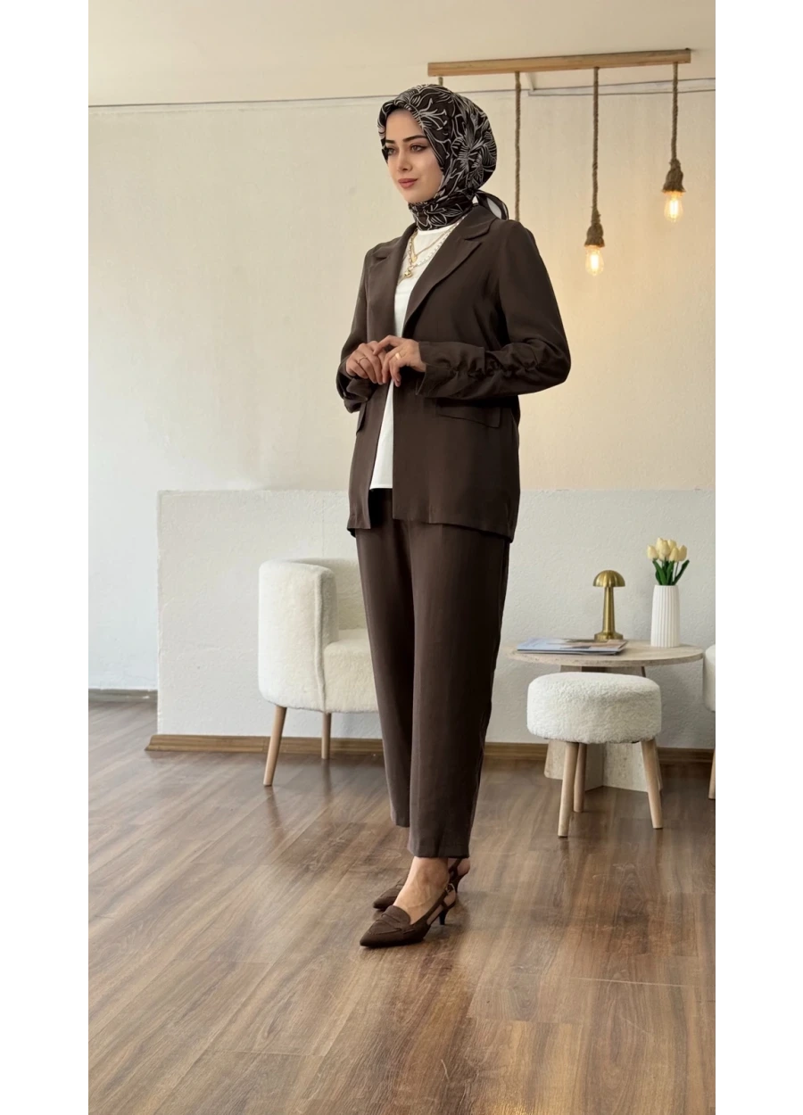 Esswaap Modal Kumaş Havuç Pantolonlu Takım Kahverengi