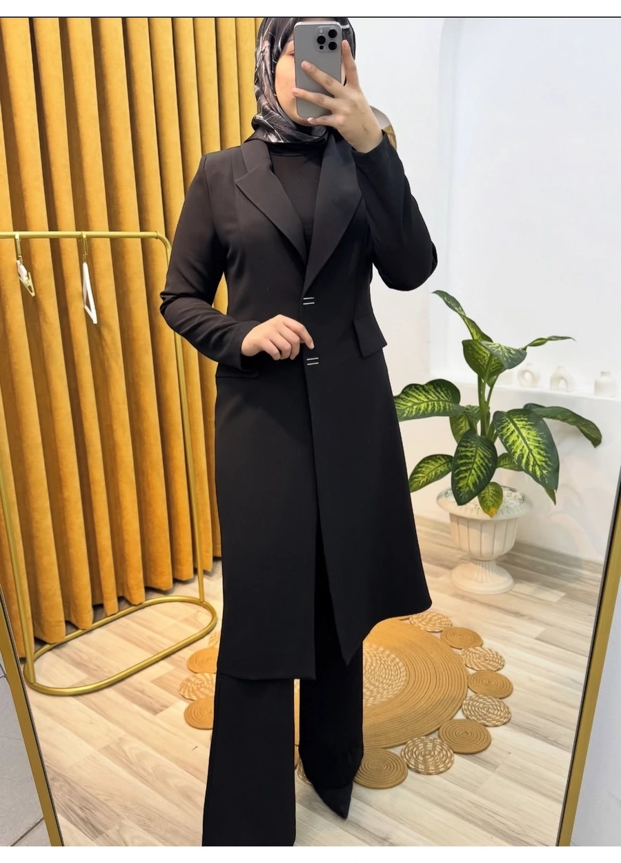 Esswaap Önden Çıt Çıt Kapamalı Uzun Ceket Pantolon Takım Siyah