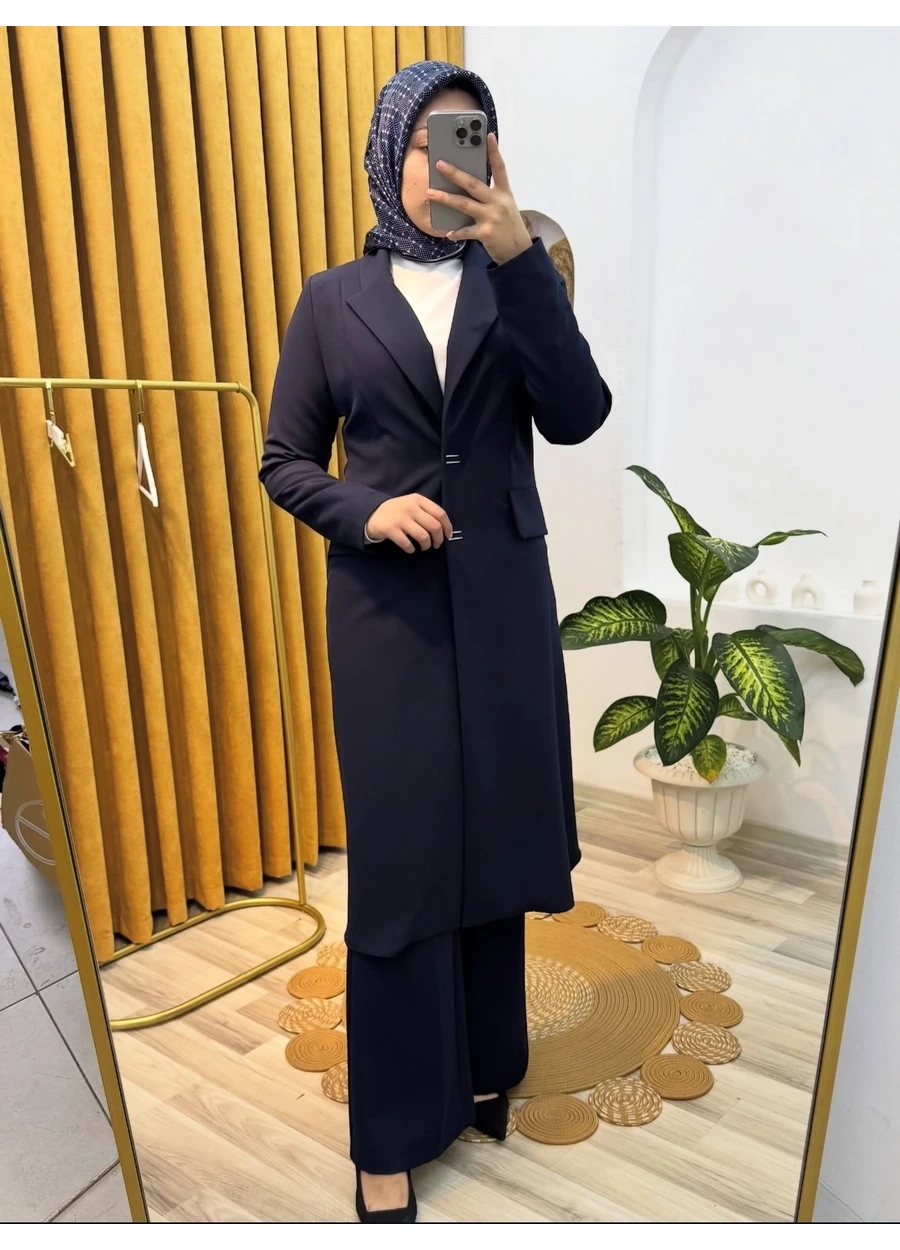 Esswaap Önden Çıt Çıt Kapamalı Uzun Ceket Pantolon Takım Lacivert