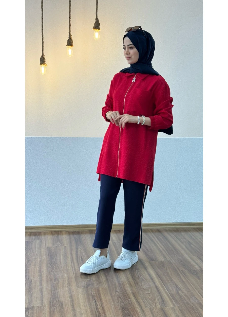 Armine Trend Fermuarlı Tunik ve Şerit Detaylı Pantolon İkili Takım Kırmızı