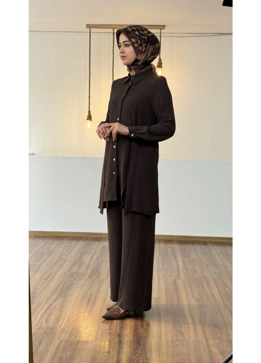 Armine Trend Kemer Detay Bol Paça Pantolonlu Takım Kahverengi