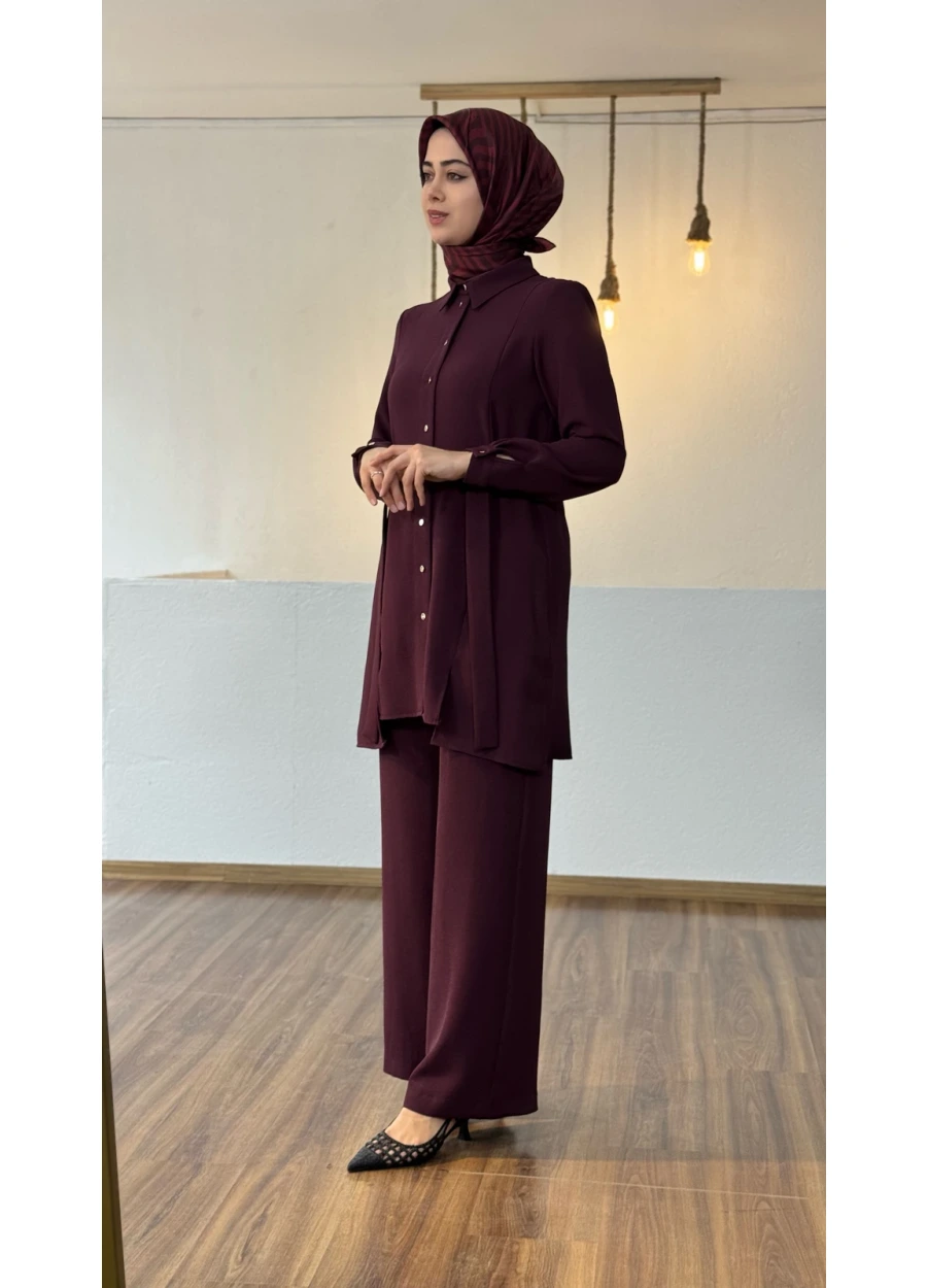 Armine Trend Kemer Detay Bol Paça Pantolonlu Takım Mürdüm