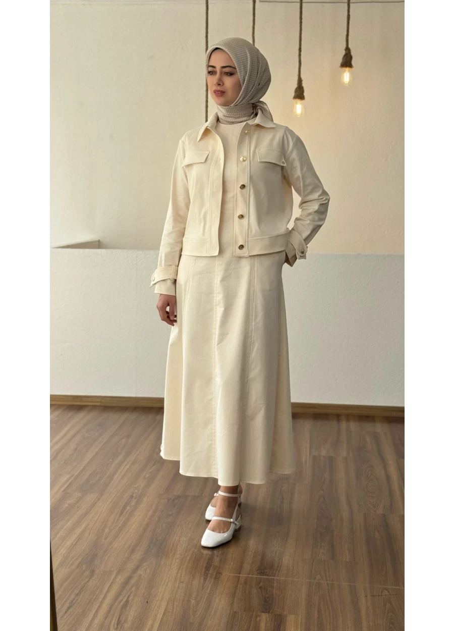 Armine Trend Sahte Cep Detay Elbiseli Takım Krem