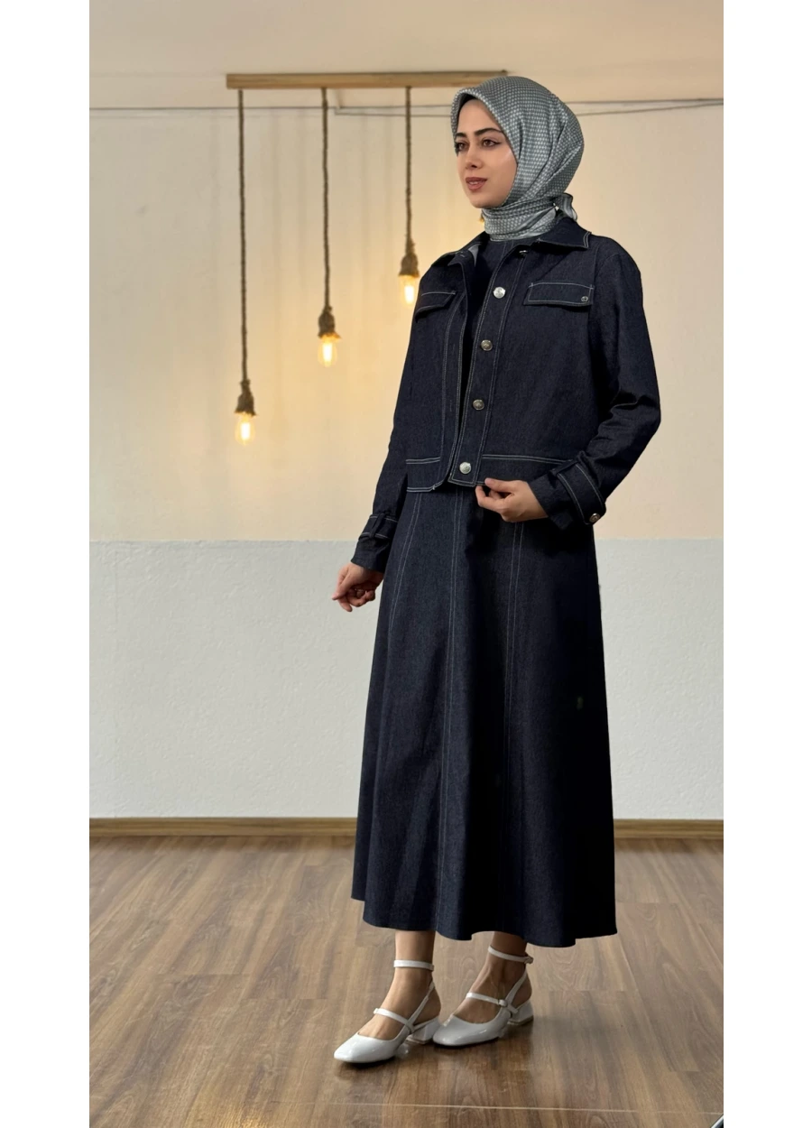 Armine Trend Sahte Cep Detay Elbiseli Takım Lacivert